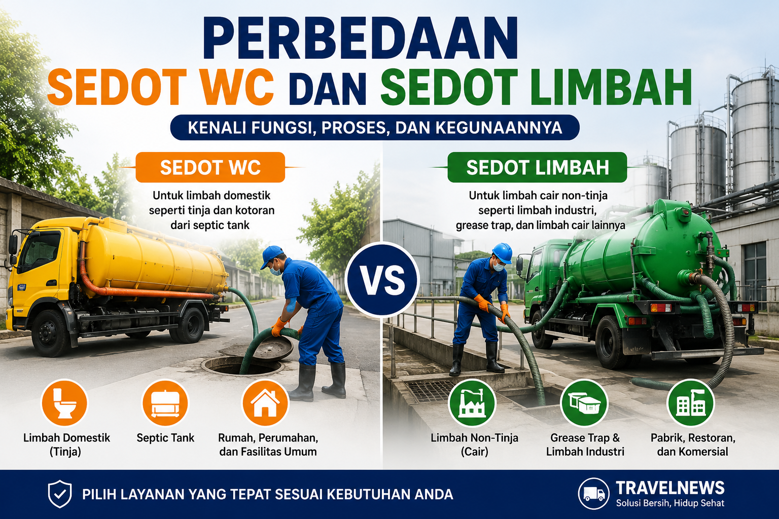 perbedaan sedot wc dan sedot limbah Infografis perbedaan sedot WC dan sedot limbah, menjelaskan fungsi, jenis limbah yang ditangani, proses penyedotan, serta penggunaan armada untuk kebutuhan rumah tangga, komersial, dan industri.