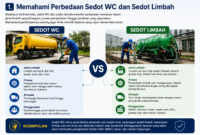 Infografis perbedaan sedot WC dan sedot limbah berdasarkan jenis limbah, proses penanganan, armada, dan area layanan.